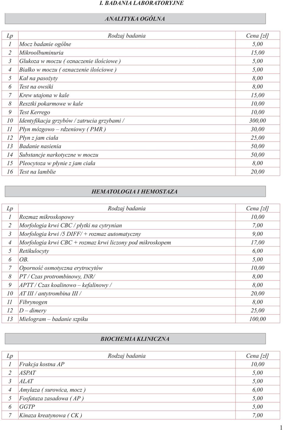 PMR ) 30,00 12 Płyn z jam ciała 25,00 13 Badanie nasienia 50,00 14 Substancje narkotyczne w moczu 50,00 15 Pleocytoza w płynie z jam ciała 8,00 16 Test na lamblie 20,00 HEMATOLOGIA I HEMOSTAZA 1