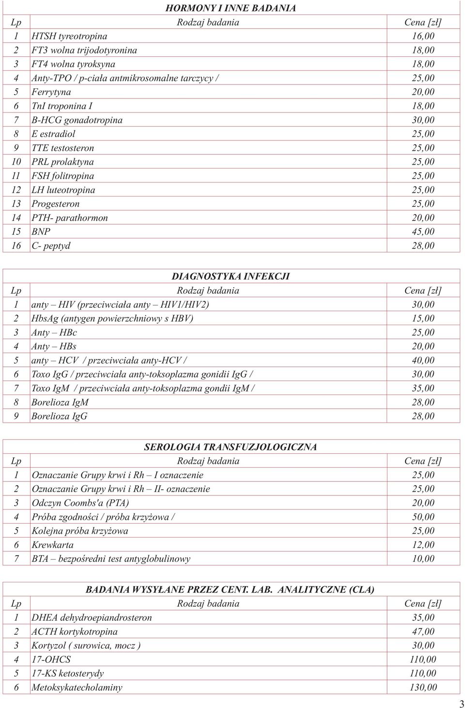 20,00 15 BNP 45,00 16 C- peptyd 28,00 DIAGNOSTYKA INFEKCJI 1 anty HIV (przeciwciała anty HIV1/HIV2) 30,00 2 HbsAg (antygen powierzchniowy s HBV) 15,00 3 Anty HBc 25,00 4 Anty HBs 20,00 5 anty HCV /