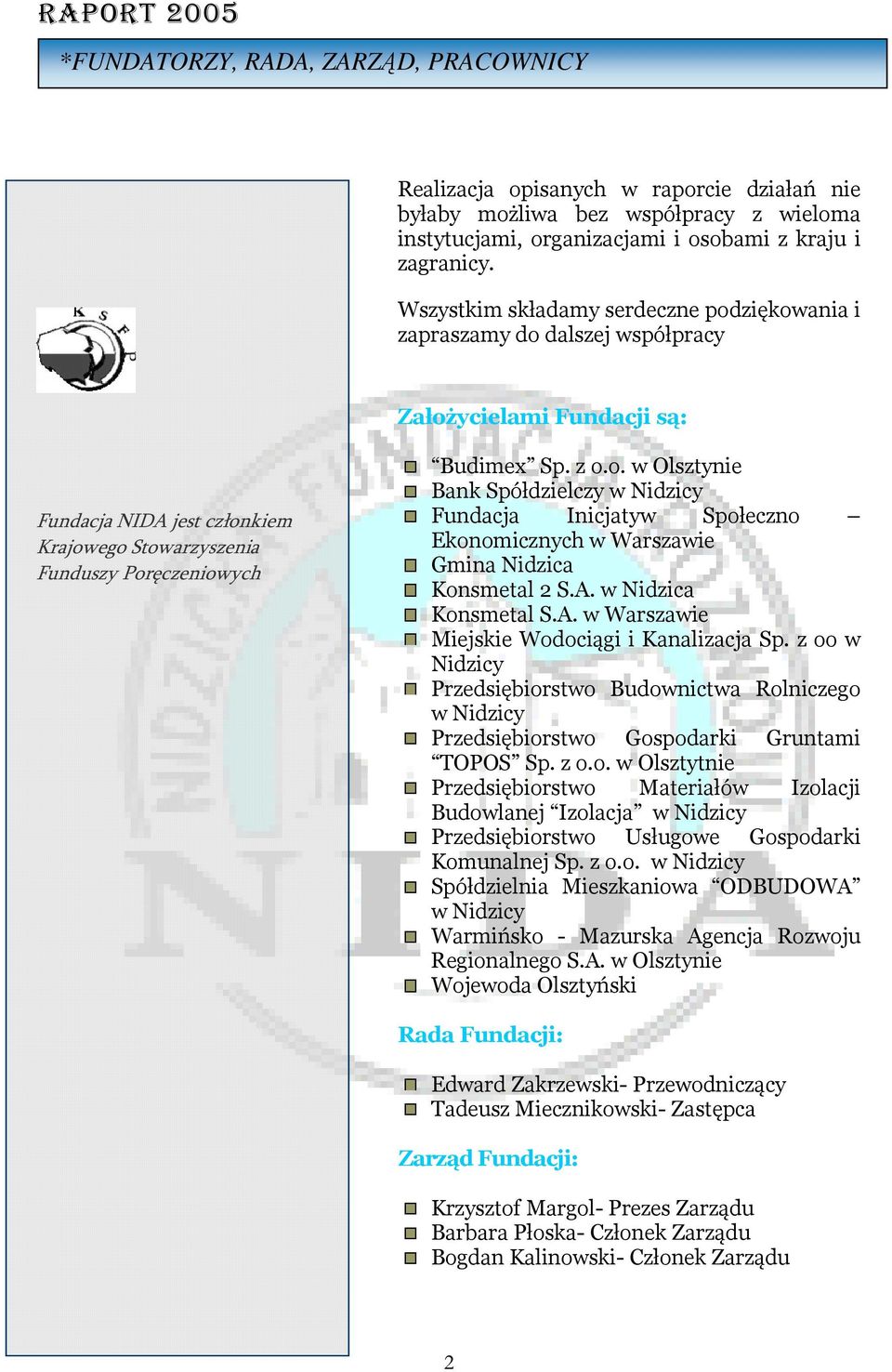 o. w Olsztynie Bank Spółdzielczy w Nidzicy Fundacja Inicjatyw Społeczno Ekonomicznych w Warszawie Gmina Nidzica Konsmetal 2 S.A. w Nidzica Konsmetal S.A. w Warszawie Miejskie Wodociągi i Kanalizacja Sp.