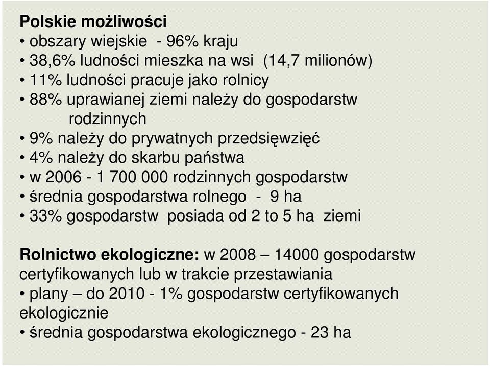 rodzinnych gospodarstw średnia gospodarstwa rolnego - 9 ha 33% gospodarstw posiada od 2 to 5 ha ziemi Rolnictwo ekologiczne: w 2008 14000