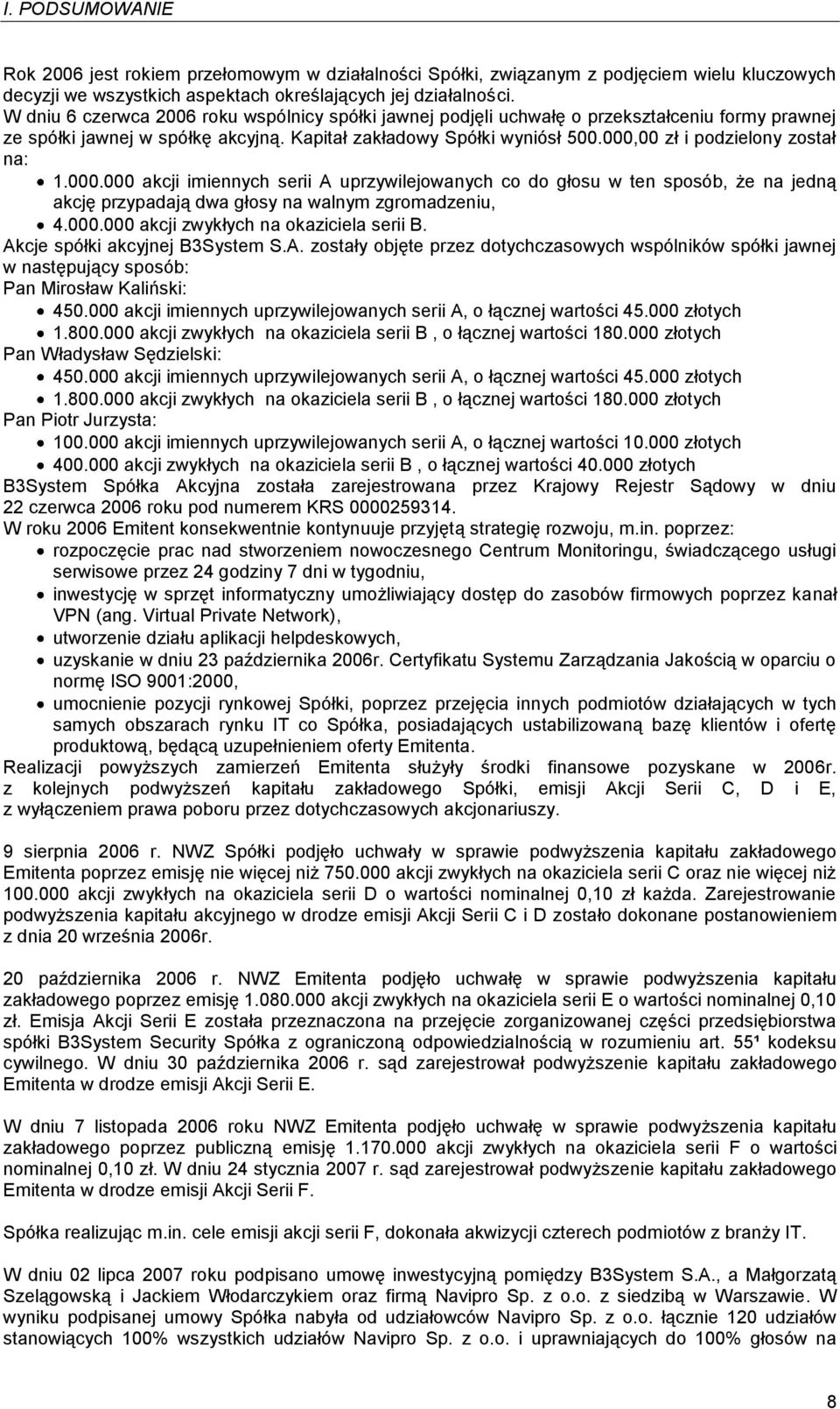 000,00 zł i podzielony został na: 1.000.000 akcji imiennych serii A uprzywilejowanych co do głosu w ten sposób, że na jedną akcję przypadają dwa głosy na walnym zgromadzeniu, 4.000.000 akcji zwykłych na okaziciela serii B.