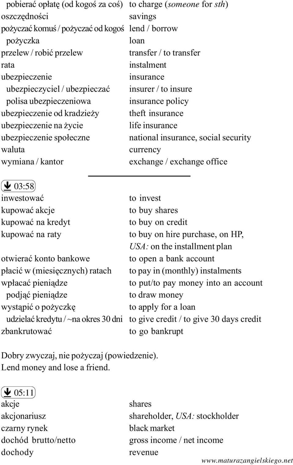 insurance ubezpieczenie spo³eczne national insurance, social security waluta currency wymiana / kantor exchange / exchange office ê 03:58 inwestowaæ to invest kupowaæ akcje to buy shares kupowaæ na