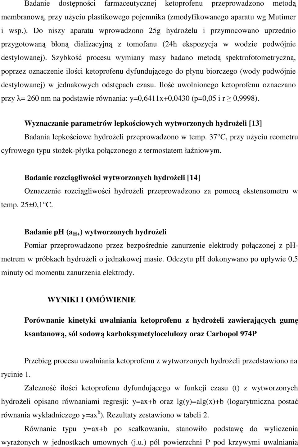 Szybkość procesu wymiany masy badano metodą spektrofotometryczną, poprzez oznaczenie ilości ketoprofenu dyfundującego do płynu biorczego (wody podwójnie destylowanej) w jednakowych odstępach czasu.