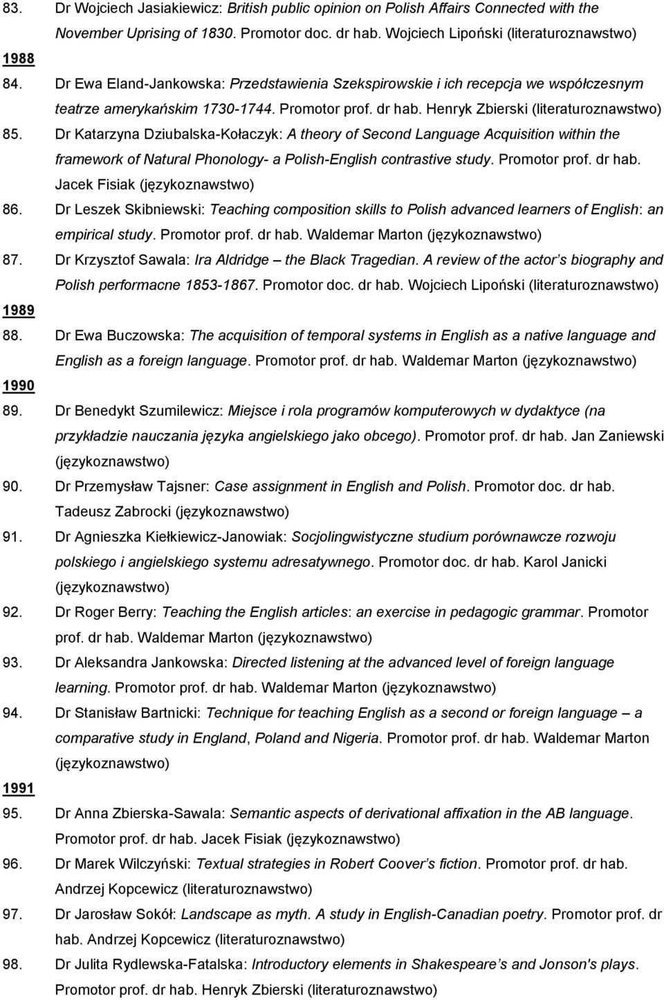 Dr Katarzyna Dziubalska-Kołaczyk: A theory of Second Language Acquisition within the framework of Natural Phonology- a Polish-English contrastive study. Promotor prof. dr hab. Jacek Fisiak 86.