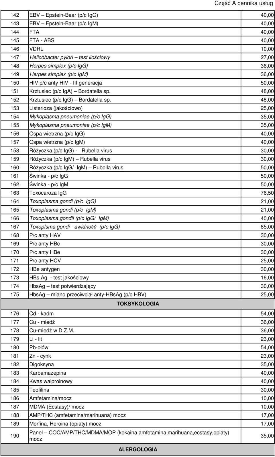 48,00 153 Listerioza (jakościowo) 25,00 154 Mykoplasma pneumoniae (p/c IgG) 35,00 155 Mykoplasma pneumoniae (p/c IgM) 35,00 156 Ospa wietrzna (p/c IgG) 40,00 157 Ospa wietrzna (p/c IgM) 40,00 158