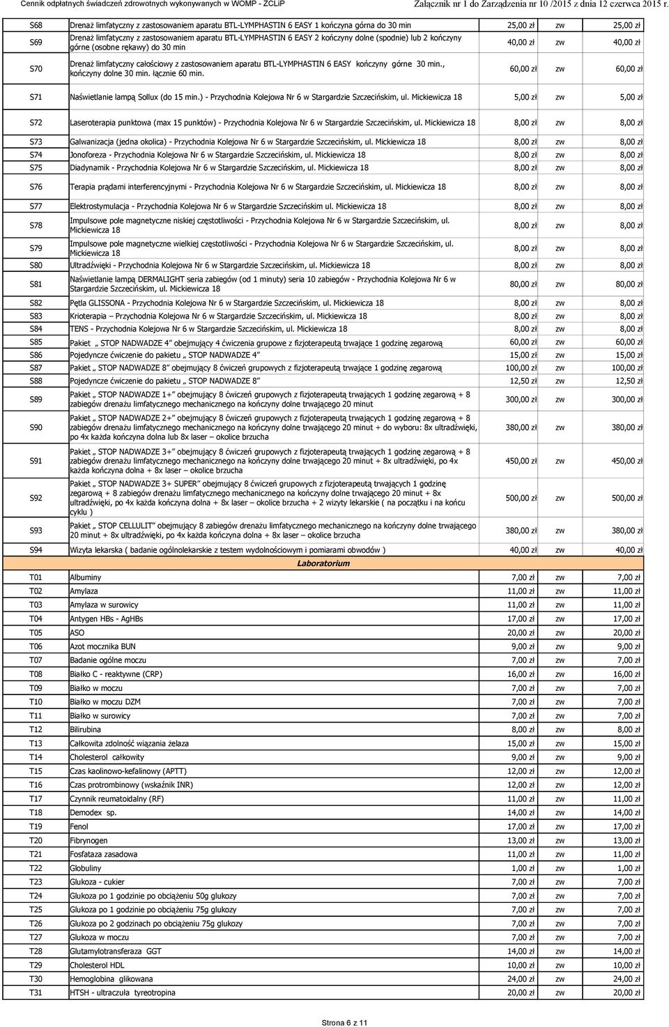 , kończyny dolne 30 min. łącznie 60 min. 60,00 zł zw 60,00 zł S71 Naświetlanie lampą Sollux (do 15 min.) - Przychodnia Kolejowa Nr 6 w Stargardzie Szczecińskim, ul.