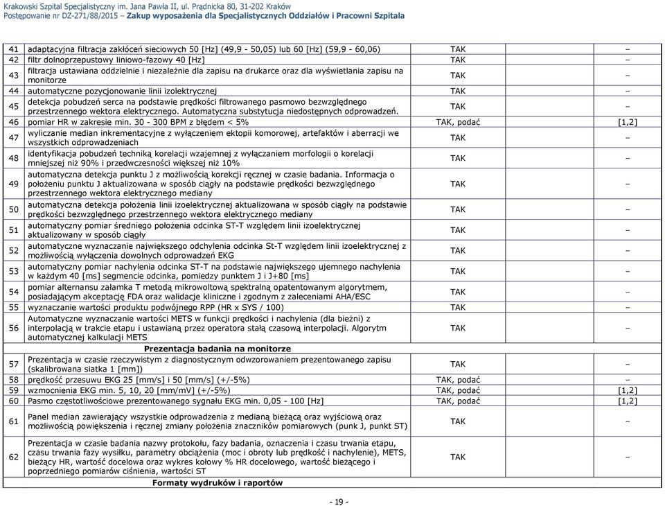 izolektrycznej detekcja pobudzeń serca na podstawie prędkości filtrowanego pasmowo bezwzględnego 45 przestrzennego wektora elektrycznego. Automatyczna substytucja niedostępnych odprowadzeń.