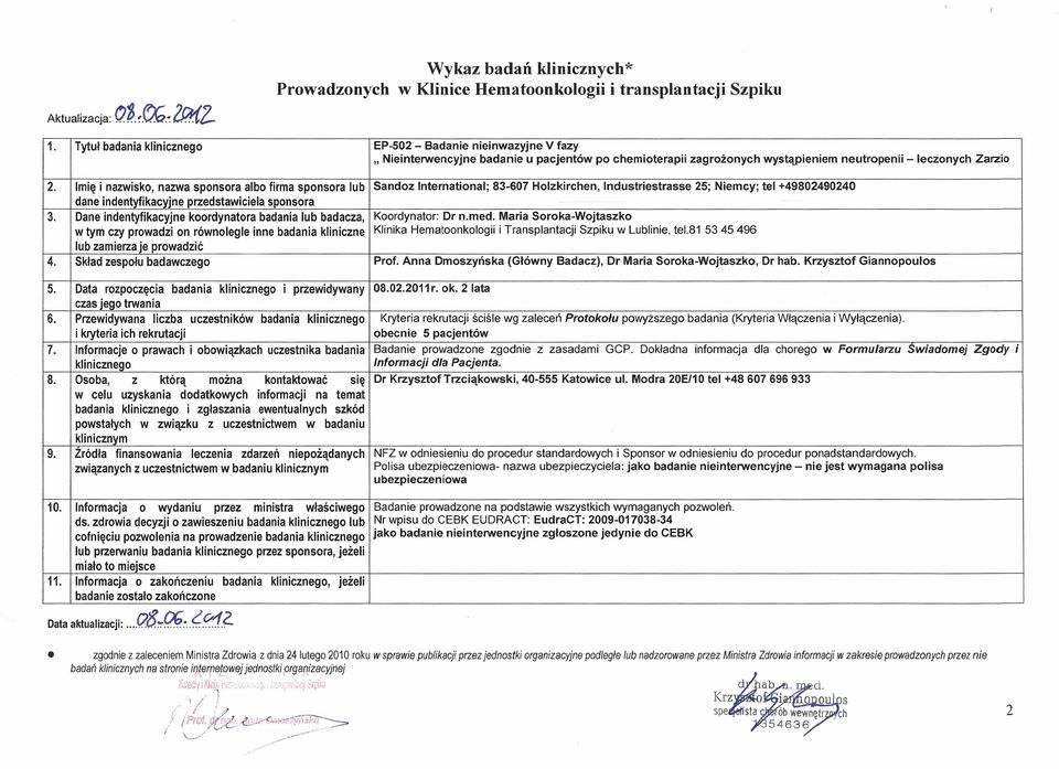 Imię i nazwisko, nazwa sponsora albo firma sponsora lub Sandoz International; 83-607 Holzkirchen, Industriestrasse 25; Niemcy; tel +49802490240 dane indentyfikacyjne przedstawiciela sponsora 3.