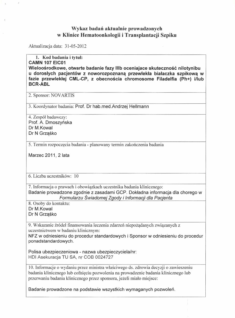 przewlekłej CML-CP, z obecnościa chromosome Filadelfia (Ph+) illub BCR-ABL 2. Sponsor: NOVARTIS 3. Koordynator badania: Prof. Dr hab.med.andrzej Hellmann Prof. A. Dmoszyńska Dr M.