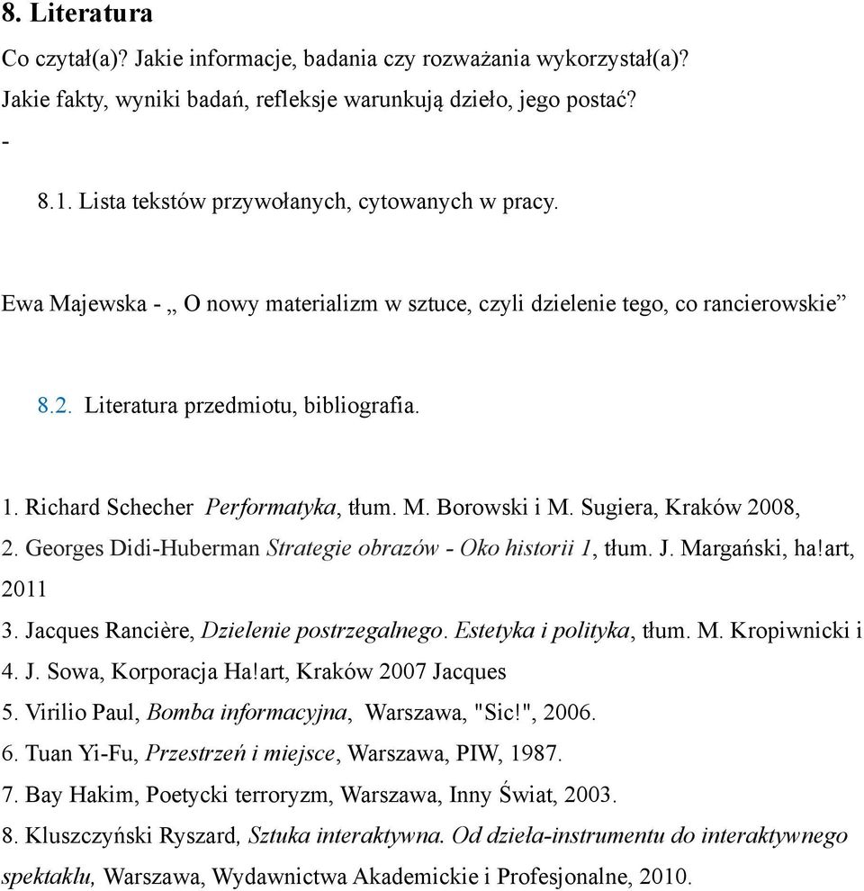 Richard Schecher Performatyka, tłum. M. Borowski i M. Sugiera, Kraków 2008, 2. Georges Didi-Huberman Strategie obrazów - Oko historii 1, tłum. J. Margański, ha!art, 2011 3.