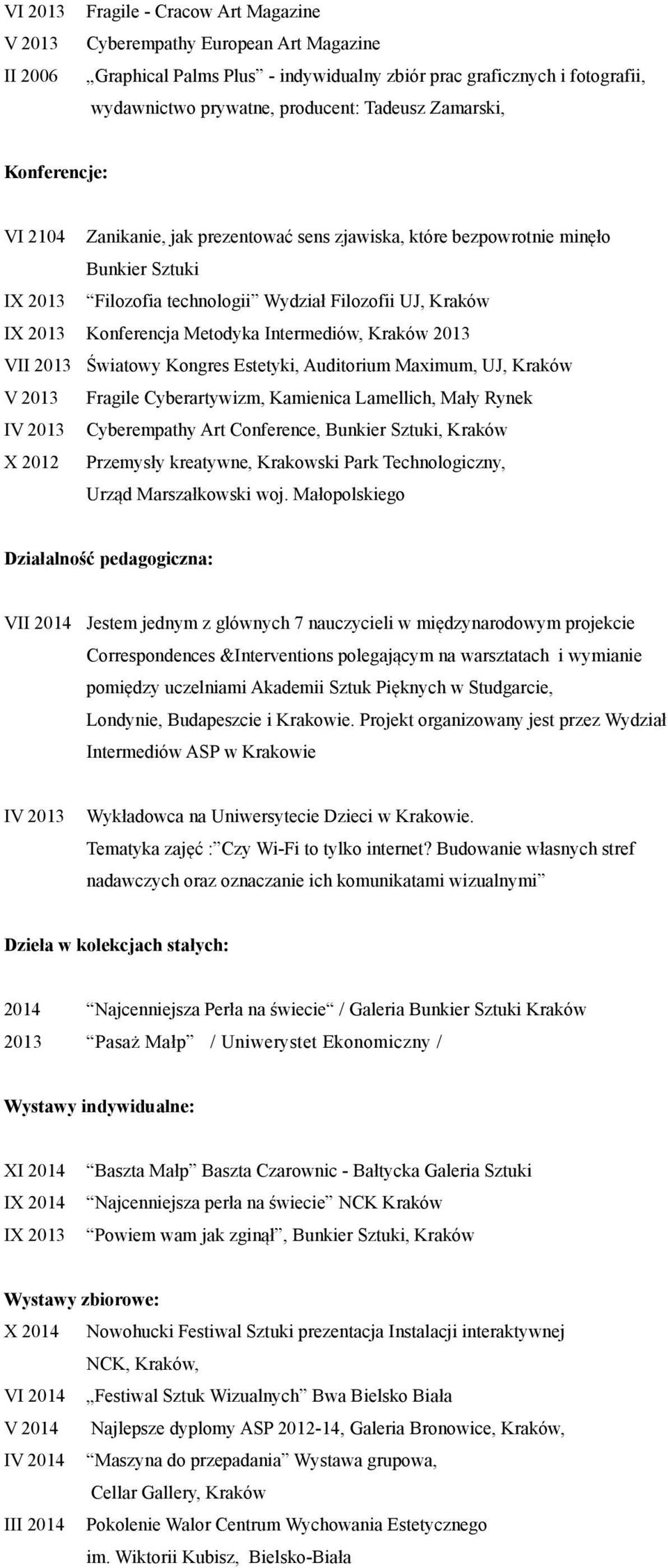 Konferencja Metodyka Intermediów, Kraków 2013 VII 2013 Światowy Kongres Estetyki, Auditorium Maximum, UJ, Kraków V 2013 Fragile Cyberartywizm, Kamienica Lamellich, Mały Rynek IV 2013 Cyberempathy Art