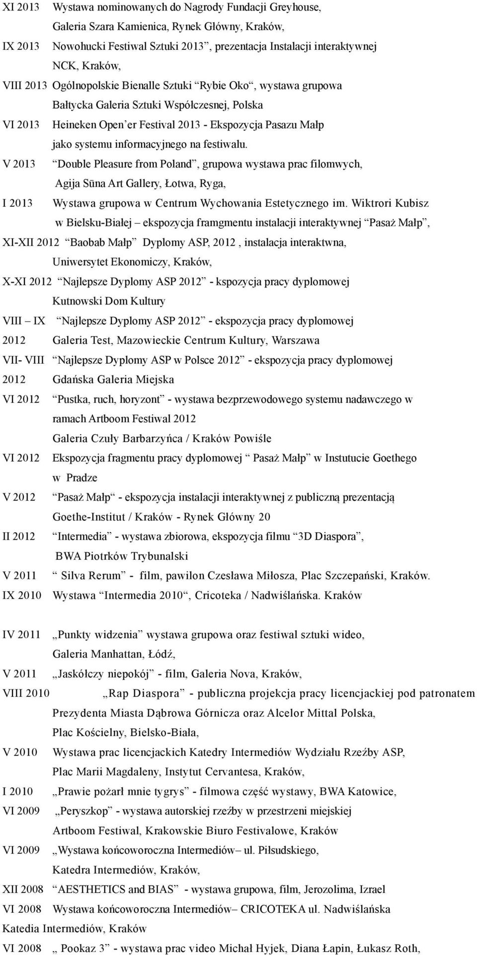 informacyjnego na festiwalu. V 2013 Double Pleasure from Poland, grupowa wystawa prac filomwych, I 2013 Wystawa grupowa w Centrum Wychowania Estetycznego im.