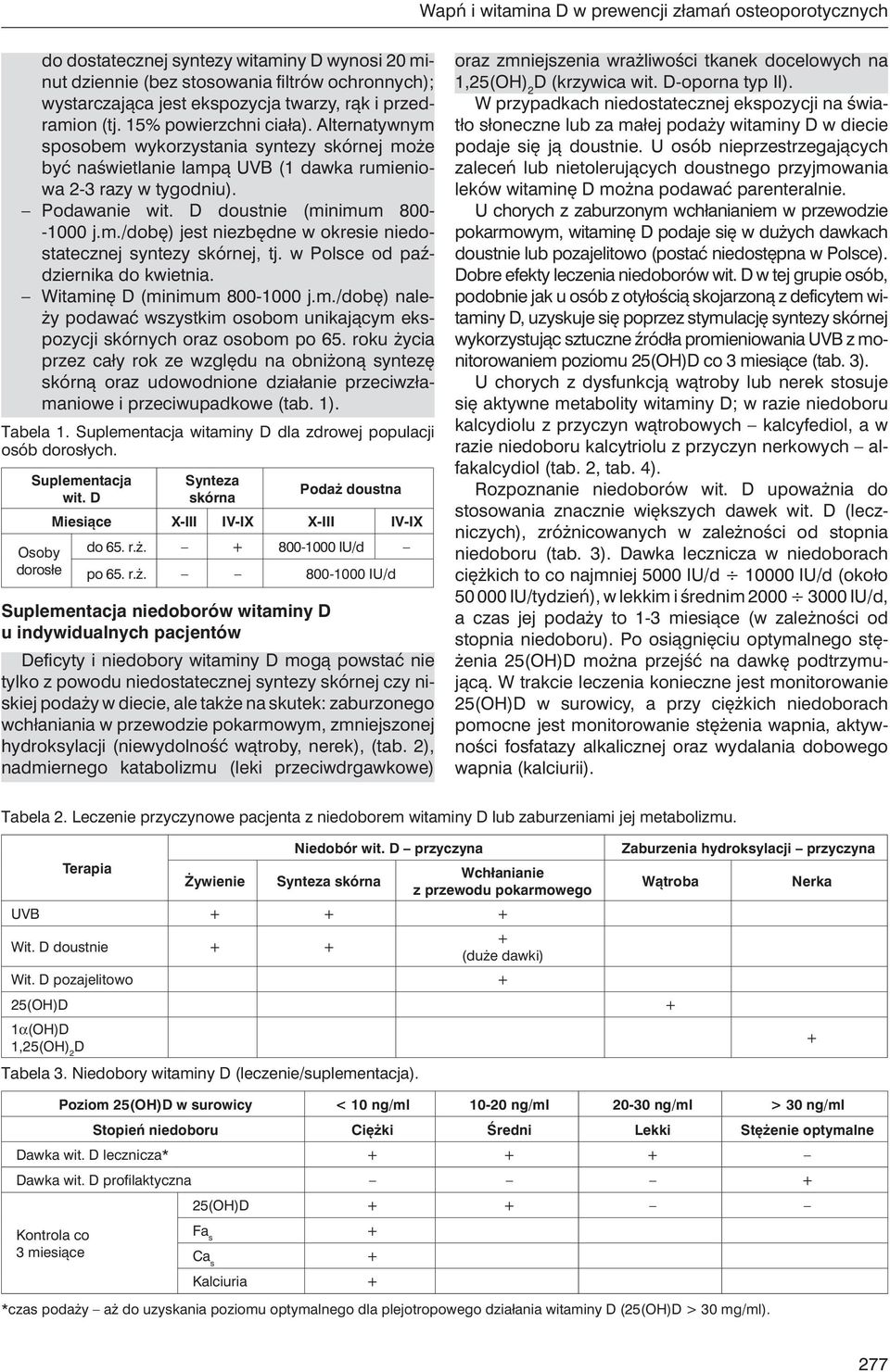 D doustnie (minimum 800- -1000 j.m./dobę) jest niezbędne w okresie niedostatecznej syntezy skórnej, tj. w Polsce od października do kwietnia. Witaminę D (minimum 800-1000 j.m./dobę) należy podawać wszystkim osobom unikającym ekspozycji skórnych oraz osobom po 65.