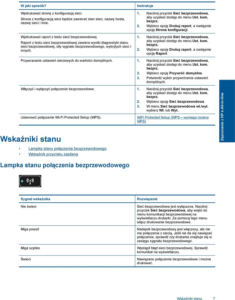 Naciśnij przycisk Sieć bezprzewodowa, aby uzyskać dostęp do menu Ust. kom. bezprz. 2. Wybierz opcję Drukuj raport, a następnie opcję Strona konfiguracji. 1.