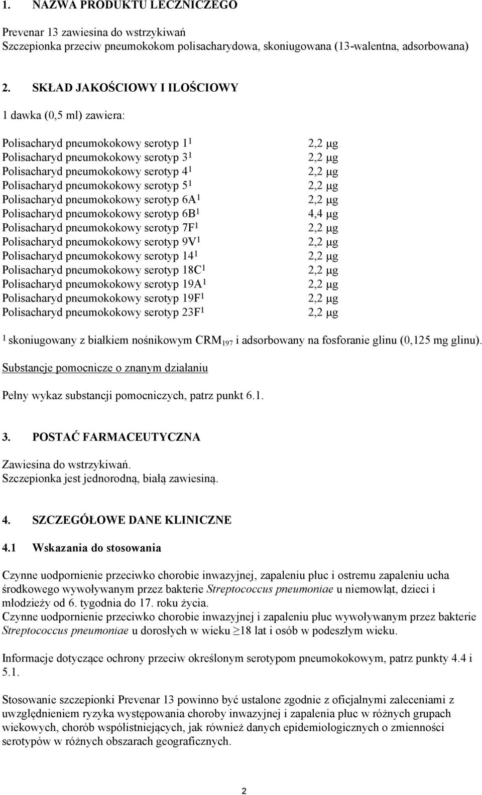 Polisacharyd pneumokokowy serotyp 5 1 2,2 µg Polisacharyd pneumokokowy serotyp 6A 1 2,2 µg Polisacharyd pneumokokowy serotyp 6B 1 4,4 µg Polisacharyd pneumokokowy serotyp 7F 1 2,2 µg Polisacharyd