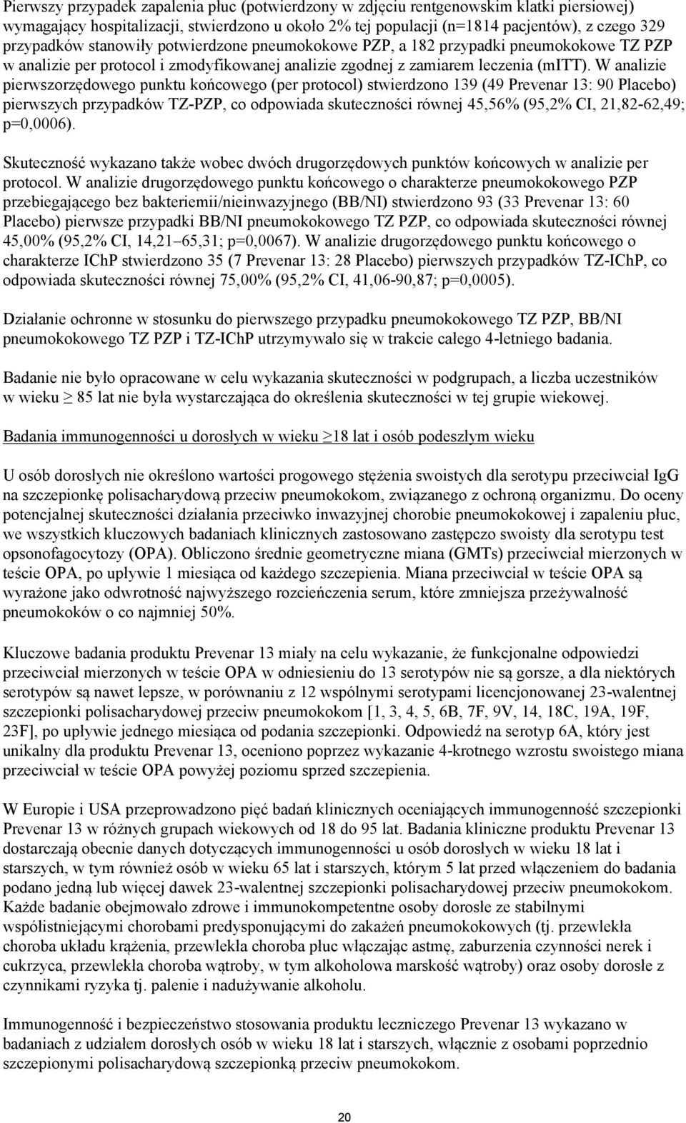 W analizie pierwszorzędowego punktu końcowego (per protocol) stwierdzono 139 (49 Prevenar 13: 90 Placebo) pierwszych przypadków TZ-PZP, co odpowiada skuteczności równej 45,56% (95,2% CI, 21,82-62,49;