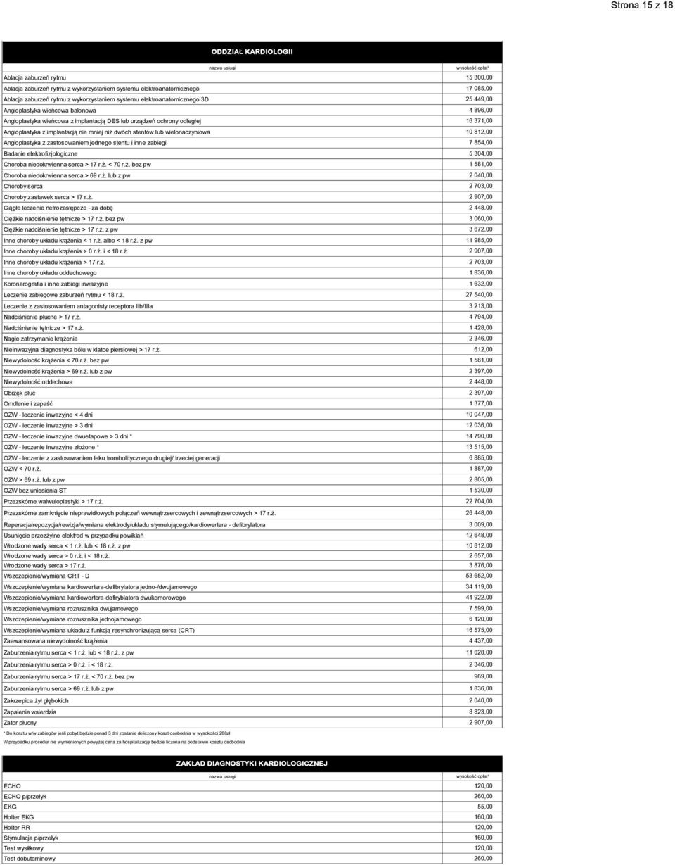 dwóch stentów lub wielonaczyniowa 10 812,00 Angioplastyka z zastosowaniem jednego stentu i inne zabiegi 7 854,00 Badanie elektrofizjologiczne 5 304,00 Choroba niedokrwienna serca > 17 r.ż.