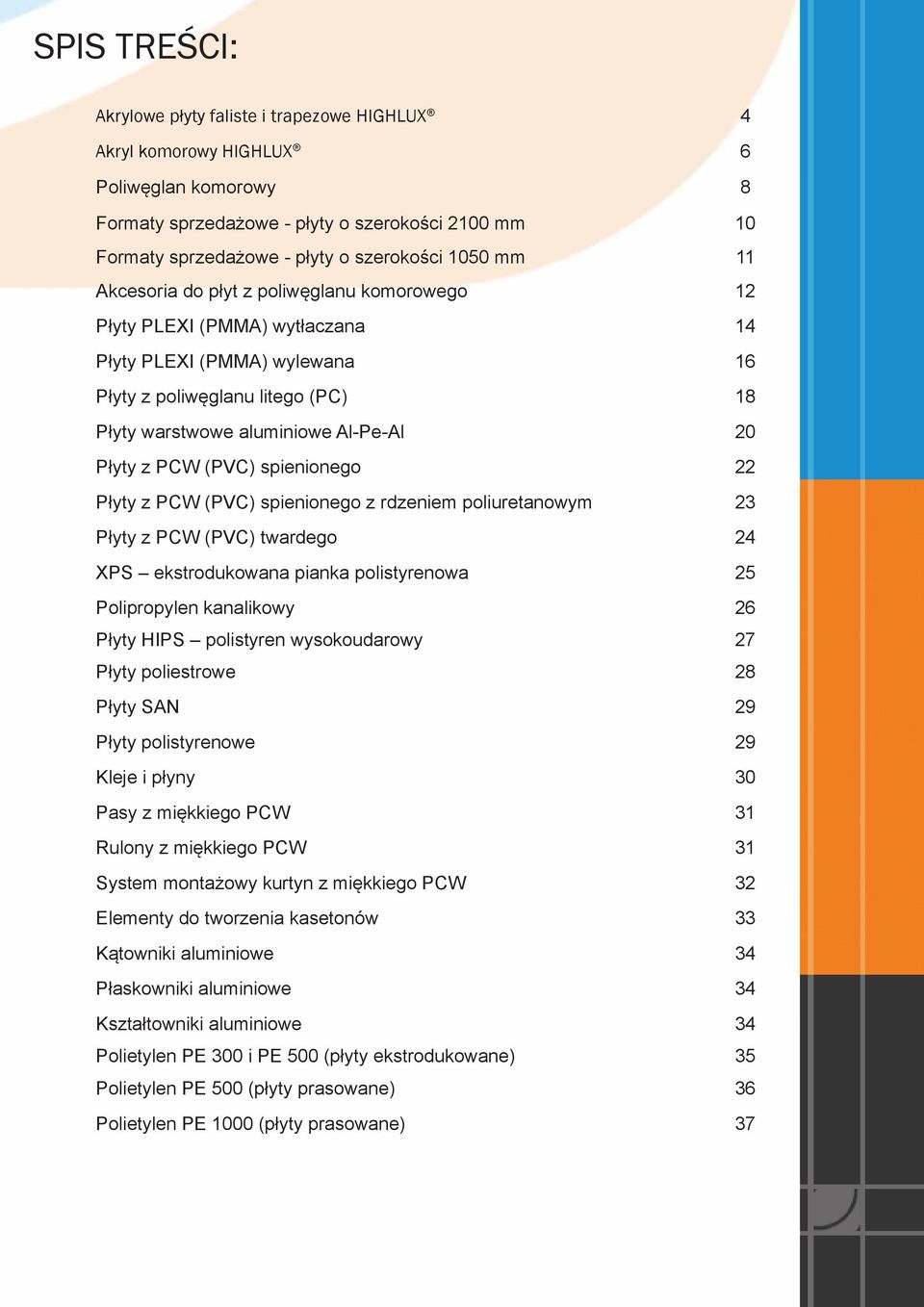 Płyty z PCW (PVC) spienionego 22 Płyty z PCW (PVC) spienionego z rdzeniem poliuretanowym 23 Płyty z PCW (PVC) twardego 24 XPS ekstrodukowana pianka polistyrenowa 25 Polipropylen kanalikowy 26 Płyty