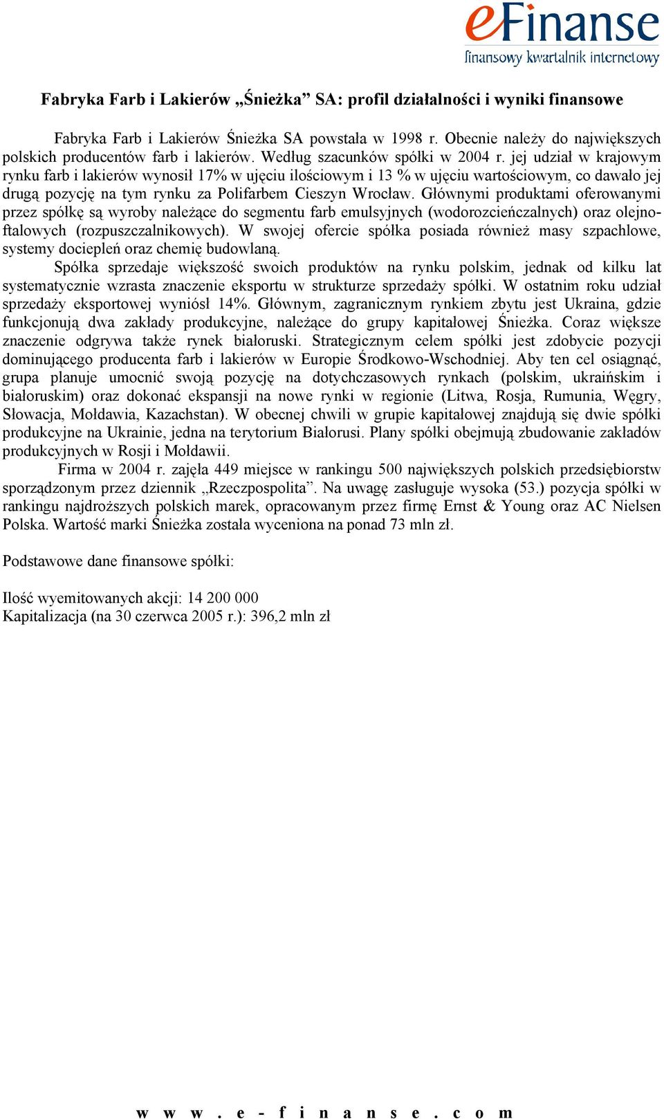 jej udział w krajowym rynku farb i lakierów wynosił 17% w ujęciu ilościowym i 13 % w ujęciu wartościowym, co dawało jej drugą pozycję na tym rynku za Polifarbem Cieszyn Wrocław.