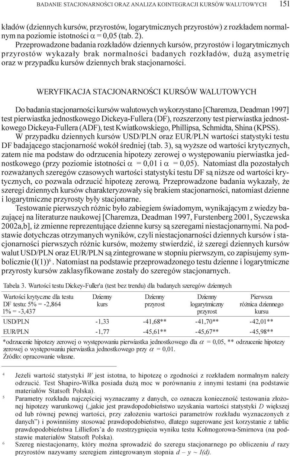 WERYFIKACJA STACJONARNOŒCI KURSÓW WALUTOWYCH Do badania stacjonarnoœci kursów walutowych wykorzystano [Charemza, Deadman 1997] test pierwiastka jednostkowego Dickeya-Fullera (DF), rozszerzony test