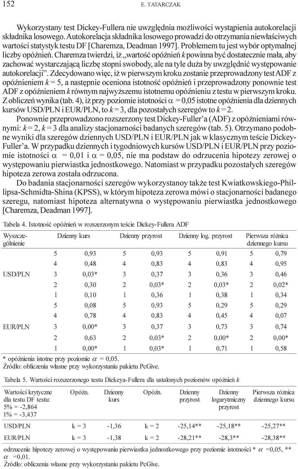 Charemza twierdzi, i wartoœæ opóÿnieñ k powinna byæ dostatecznie ma³a, aby zachowaæ wystarczaj¹c¹ liczbê stopni swobody, ale na tyle du a by uwzglêdniæ wystêpowanie autokorelacji.