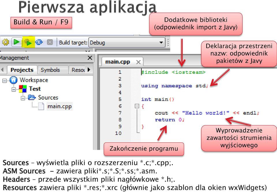 Sources wyświetla pliki o rozszerzeniu *.c;*.cpp;. ASM Sources - zawiera pliki*.s;*.s;*.ss;*.asm.