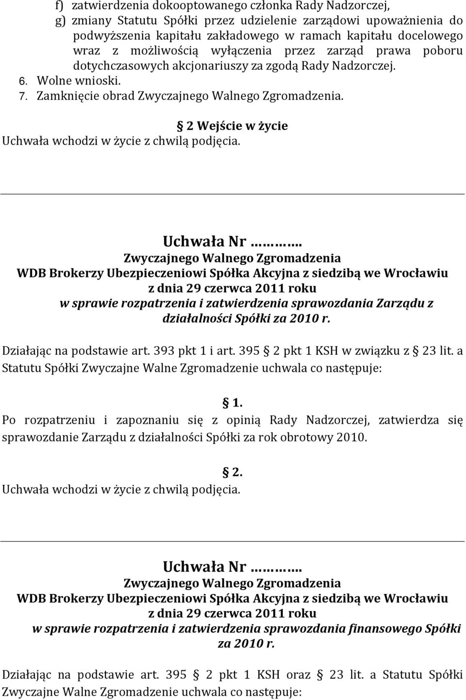 2 Wejście w życie w sprawie rozpatrzenia i zatwierdzenia sprawozdania Zarządu z działalności Spółki za 2010 r. Działając na podstawie art. 393 pkt 1 i art. 395 2 pkt 1 KSH w związku z 23 lit.