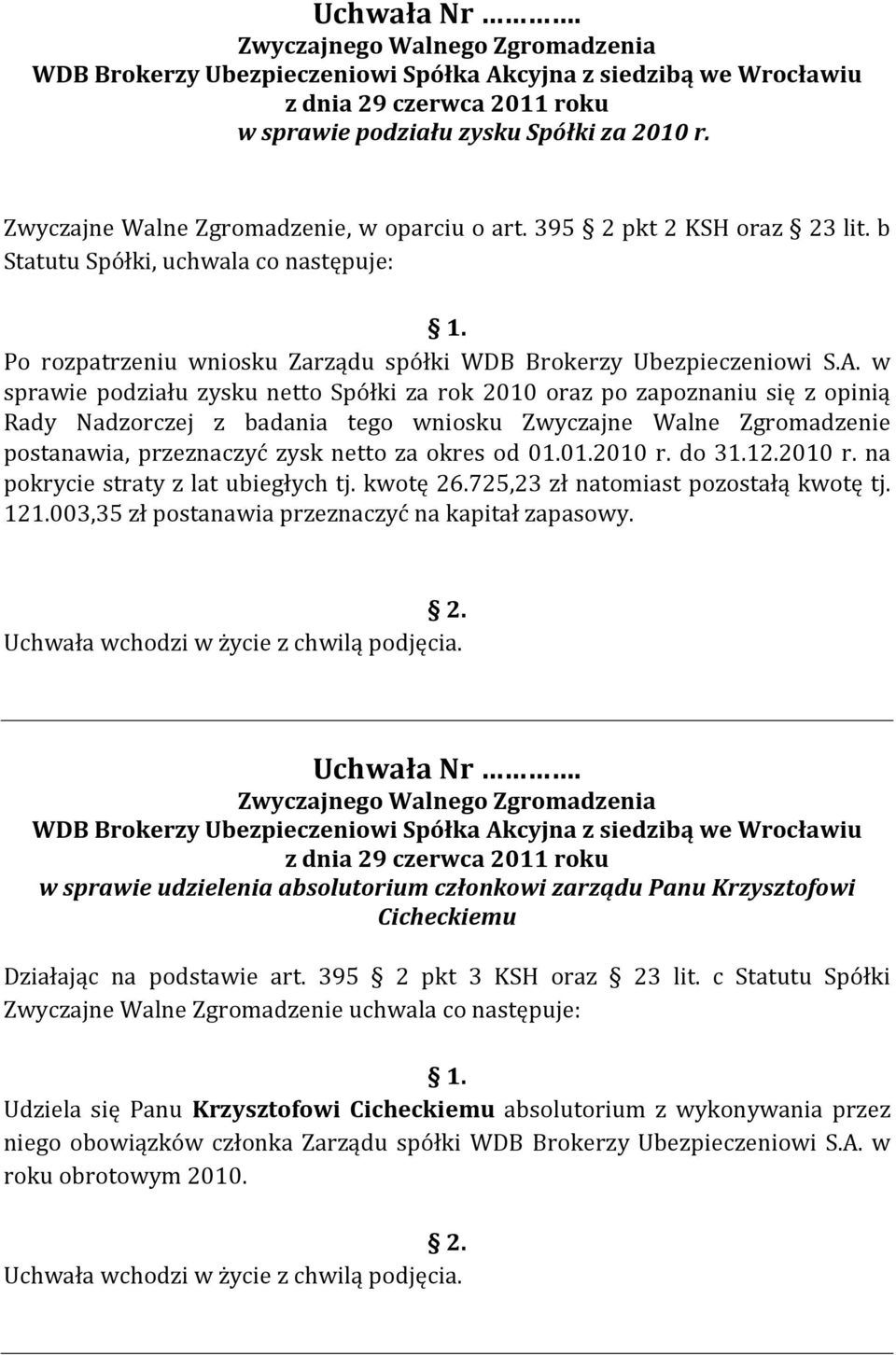 w sprawie podziału zysku netto Spółki za rok 2010 oraz po zapoznaniu się z opinią Rady Nadzorczej z badania tego wniosku Zwyczajne Walne Zgromadzenie postanawia, przeznaczyć zysk netto za okres od 01.