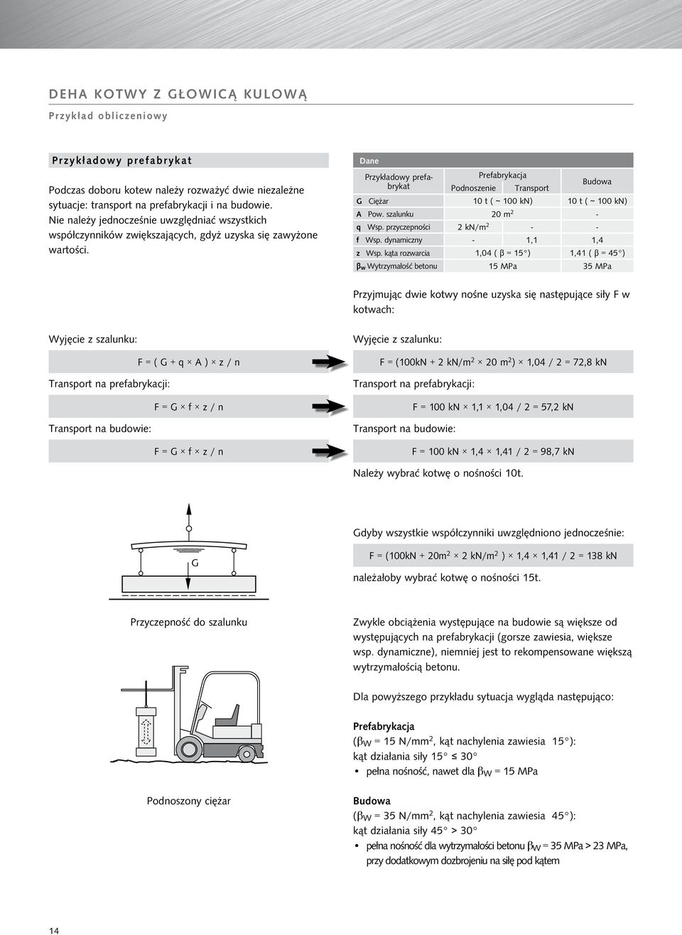 Dane Przykłaowy prefabrykat Ponoszenie Prefabrykacja Transport Buowa G Ciężar 10 t ( 100 kn) 10 t ( 100 kn) A Pow. szalunku 20 m 2 - q Wsp. przyczepności 2 kn/m 2 - - f Wsp. ynamiczny - 1,1 1,4 z Wsp.