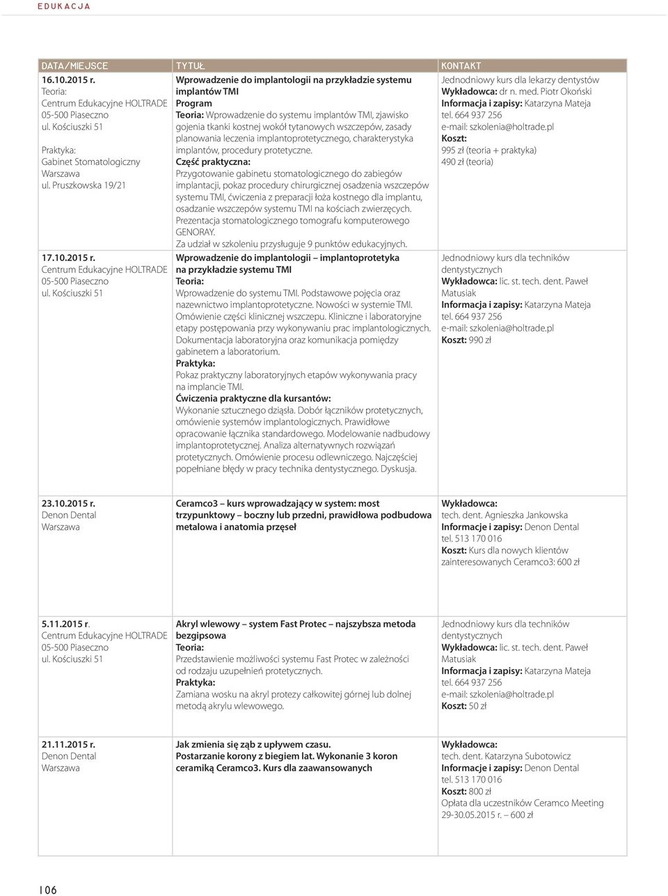 Wprowadzenie do implantologii na przykładzie systemu implantów TMI Program Wprowadzenie do systemu implantów TMI, zjawisko gojenia tkanki kostnej wokół tytanowych wszczepów, zasady planowania