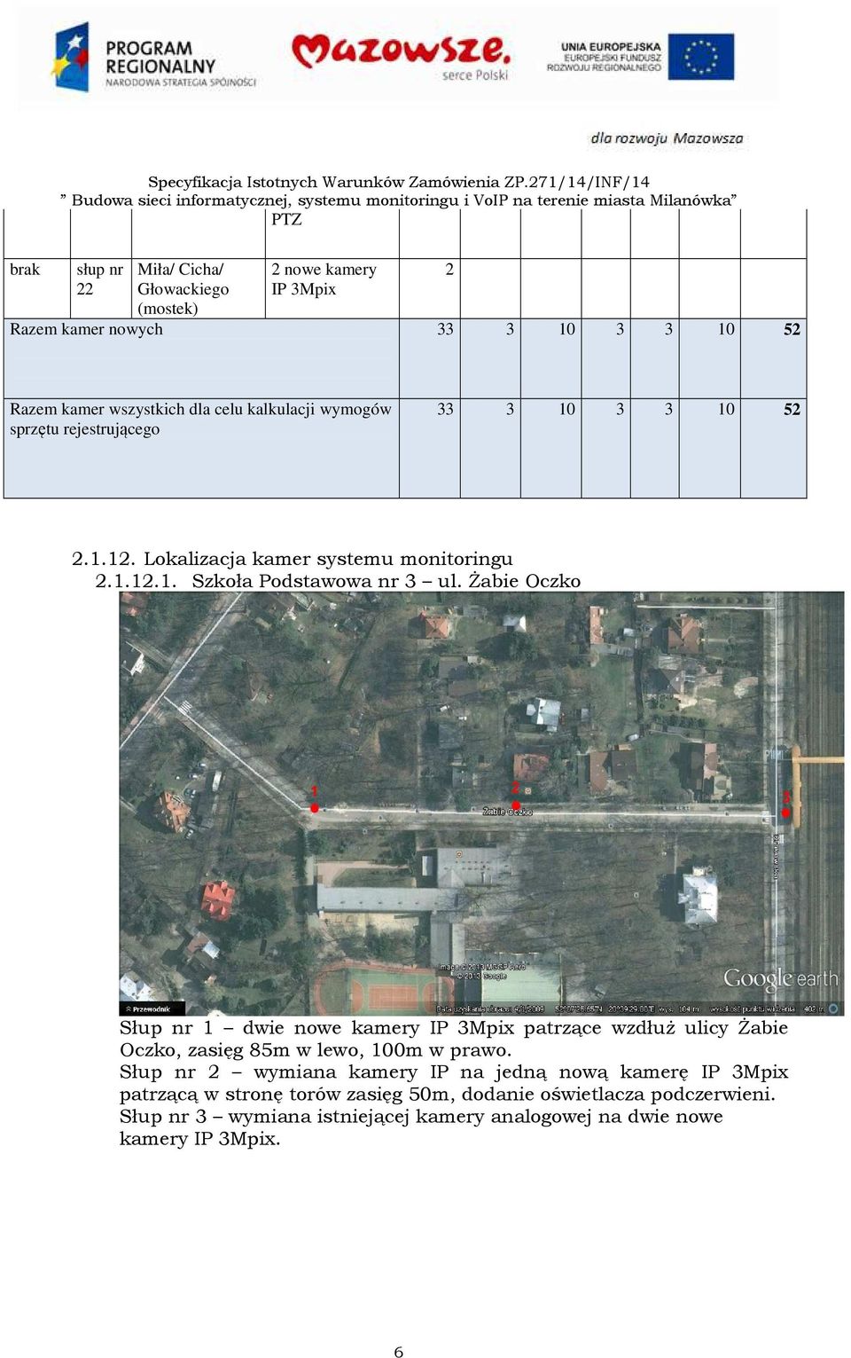 Żabie Oczko Słup nr dwie nowe kamery IP 3Mpix patrzące wzdłuż ulicy Żabie Oczko, zasięg 85m w lewo, 00m w prawo.