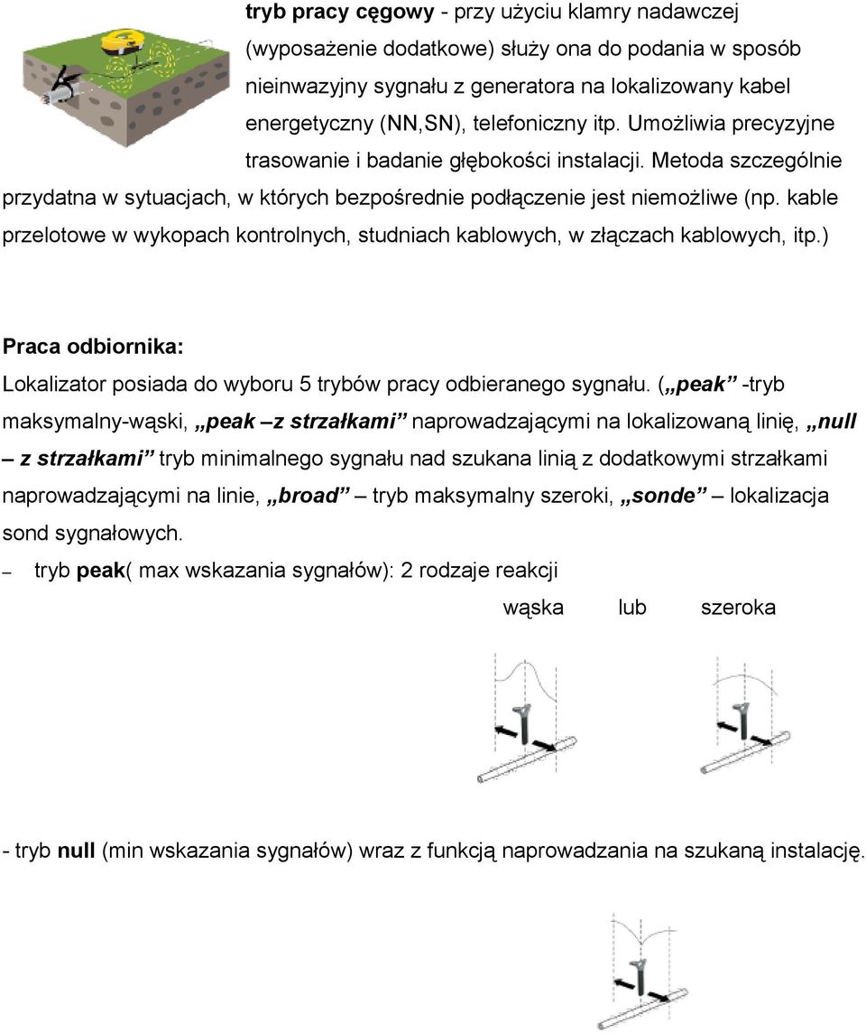 kable przelotowe w wykopach kontrolnych, studniach kablowych, w złączach kablowych, itp.) Praca odbiornika: Lokalizator posiada do wyboru 5 trybów pracy odbieranego sygnału.