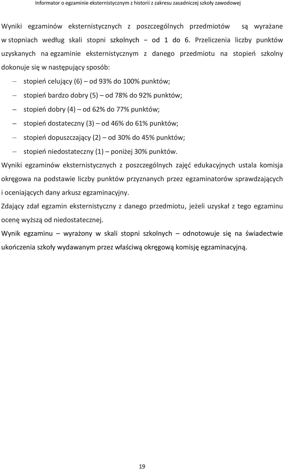 bardzo dobry (5) od 78% do 92% punktów; stopień dobry (4) od 62% do 77% punktów; stopień dostateczny (3) od 46% do 61% punktów; stopień dopuszczający (2) od 30% do 45% punktów; stopień niedostateczny