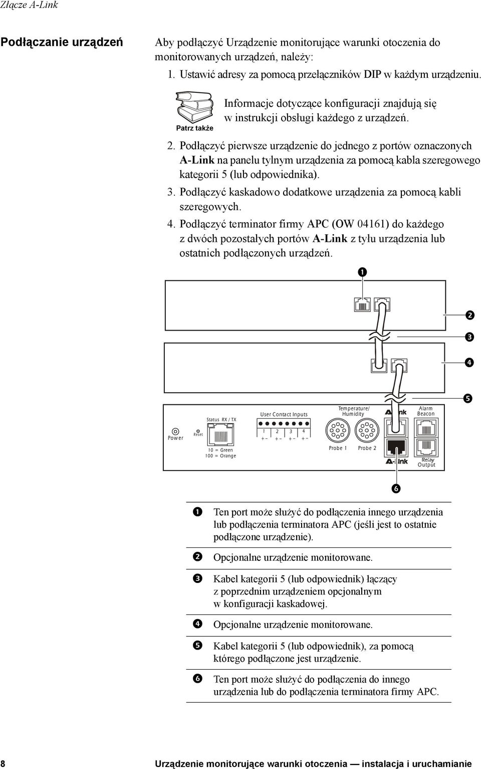 Podłączyć pierwsze urządzenie do jednego z portów oznaczonych A-Link na panelu tylnym urządzenia za pomocą kabla szeregowego kategorii 5 (lub odpowiednika). 3.