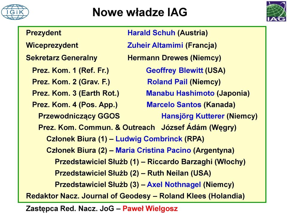 & Outreach József Ádám (Węgry) Członek Biura (1) Ludwig Combrinck (RPA) Członek Biura (2) Maria Cristina Pacino (Argentyna) Przedstawiciel Służb (1) Riccardo Barzaghi (Włochy)