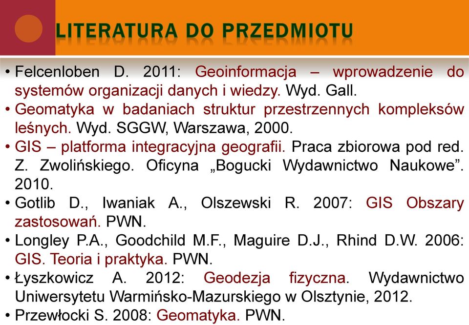 Z. Zwolińskiego. Oficyna Bogucki Wydawnictwo Naukowe. 2010. Gotlib D., Iwaniak A., Olszewski R. 2007: GIS Obszary zastosowań. PWN. Longley P.A., Goodchild M.