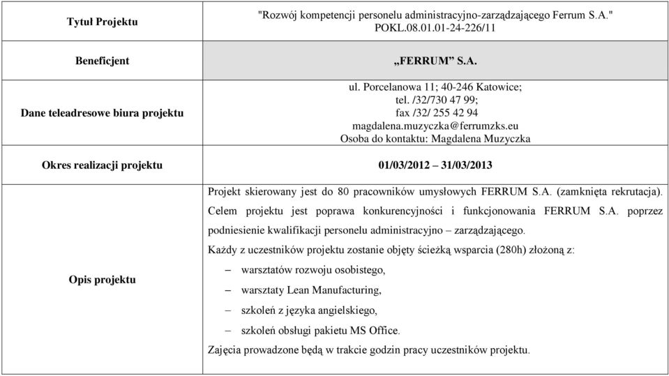 (zamknięta rekrutacja). Celem projektu jest poprawa konkurencyjności i funkcjonowania FERRUM S.A. poprzez podniesienie kwalifikacji personelu administracyjno zarządzającego.