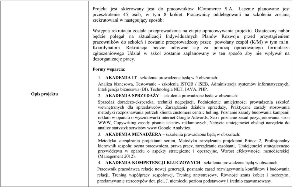 Ostateczny nabór będzie polegał na aktualizacji Indywidualnych Planów Rozwoju przed przystąpieniem pracowników do szkoleń i zostanie przeprowadzony przez powołany zespół (K/M) w tym m.in.