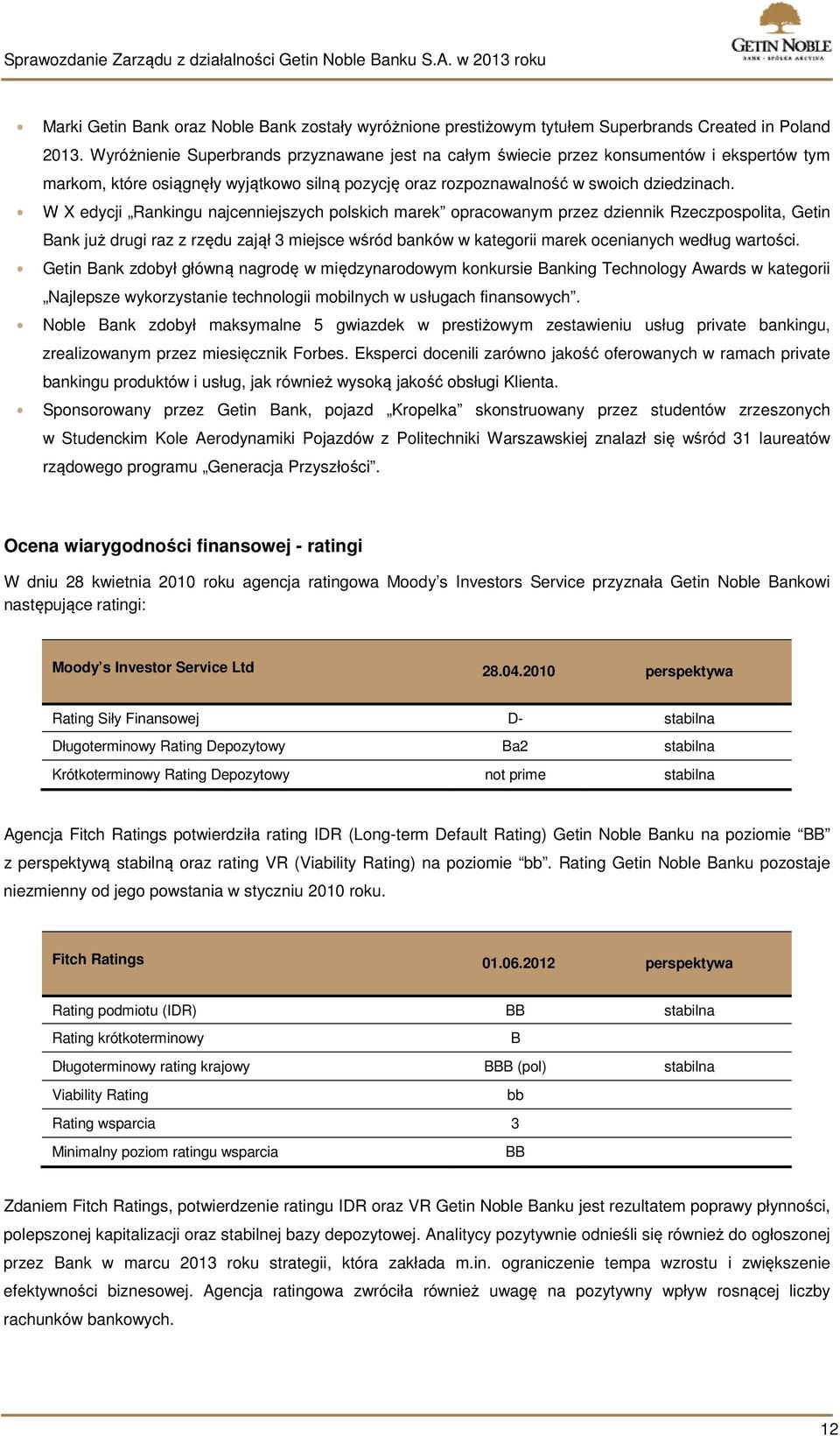 W X edycji Rankingu najcenniejszych polskich marek opracowanym przez dziennik Rzeczpospolita, Getin Bank już drugi raz z rzędu zajął 3 miejsce wśród banków w kategorii marek ocenianych według