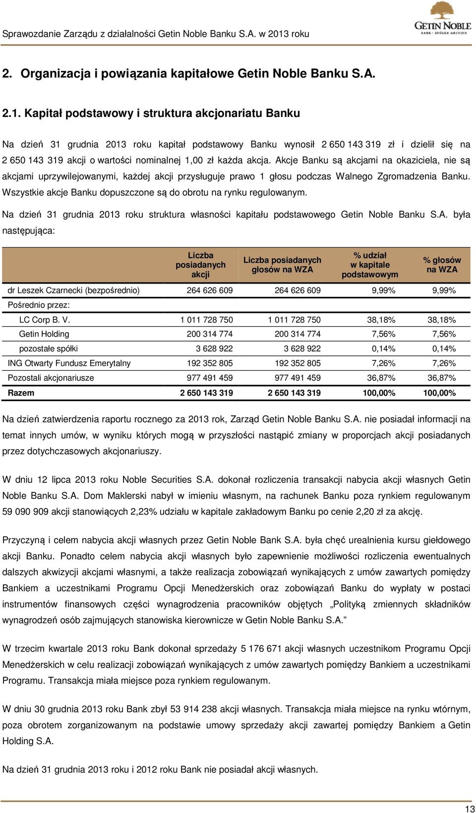 każda akcja. Akcje Banku są akcjami na okaziciela, nie są akcjami uprzywilejowanymi, każdej akcji przysługuje prawo 1 głosu podczas Walnego Zgromadzenia Banku.