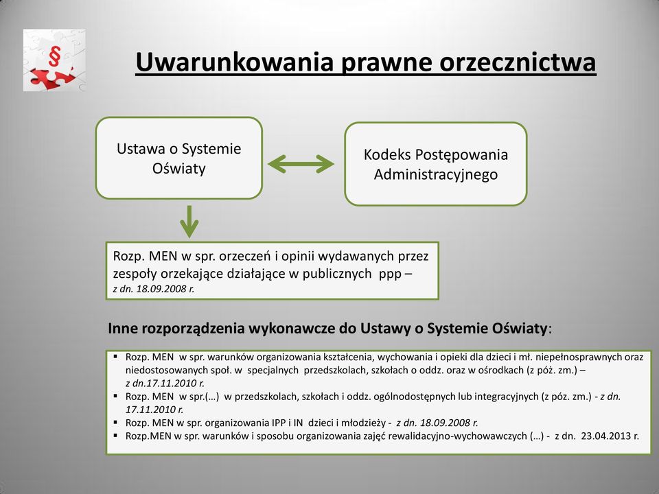 warunków organizowania kształcenia, wychowania i opieki dla dzieci i mł. niepełnosprawnych oraz niedostosowanych społ. w specjalnych przedszkolach, szkołach o oddz. oraz w ośrodkach (z póż. zm.) z dn.