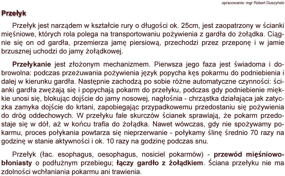 Ciągnie się on od gardła, przemierza jamę piersiową, przechodzi przez przeponę i w jamie brzusznej uchodzi do jamy żołądkowej. Przełykanie jest złożonym mechanizmem.