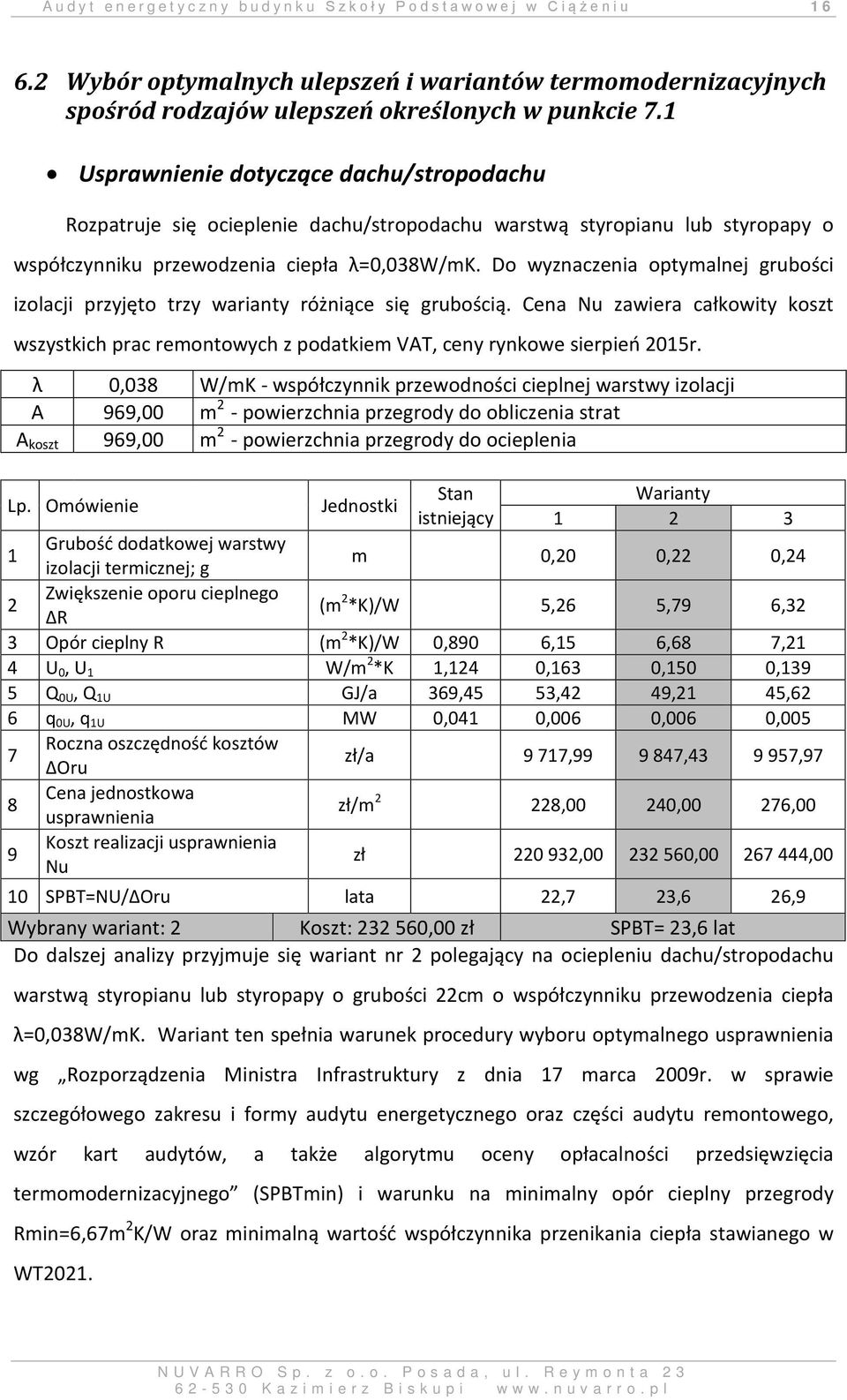 Do wyznaczenia optymalnej grubości izolacji przyjęto trzy warianty różniące się grubością. Cena Nu zawiera całkowity koszt wszystkich prac remontowych z podatkiem VAT, ceny rynkowe sierpień 2015r.