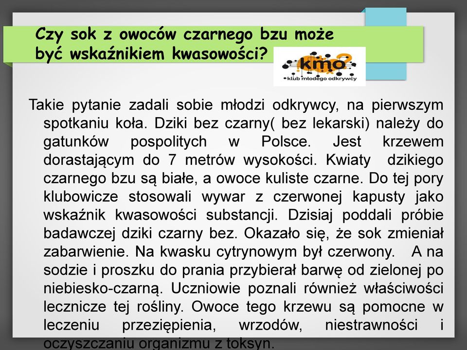 Do tej pory klubowicze stosowali wywar z czerwonej kapusty jako wskaźnik kwasowości substancji. Dzisiaj poddali próbie badawczej dziki czarny bez. Okazało się, że sok zmieniał zabarwienie.