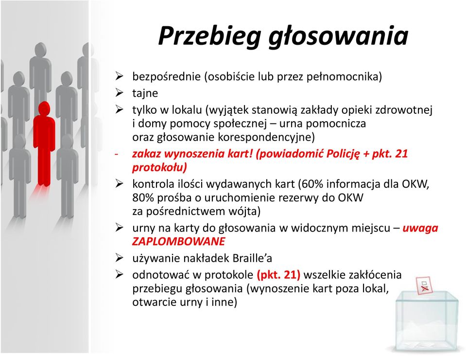 21 protokołu) kontrola ilości wydawanych kart (60% informacja dla OKW, 80% prośba o uruchomienie rezerwy do OKW za pośrednictwem wójta) urny na karty do