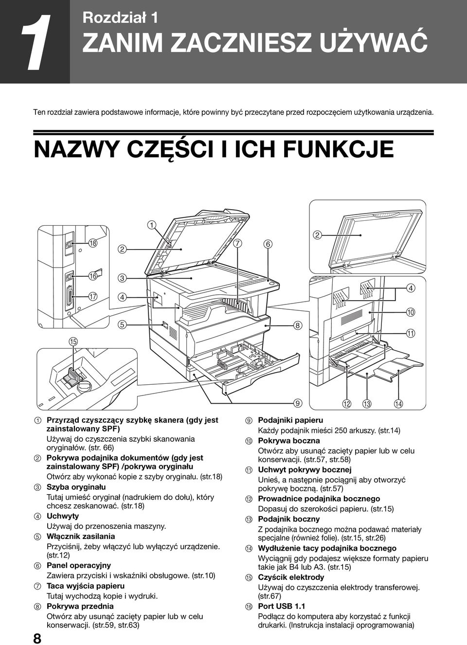 66) Pokrywa podajnika dokumentów (gdy jest zainstalowany SPF) /pokrywa oryginału Otwórz aby wykonać kopie z szyby oryginału. (str.