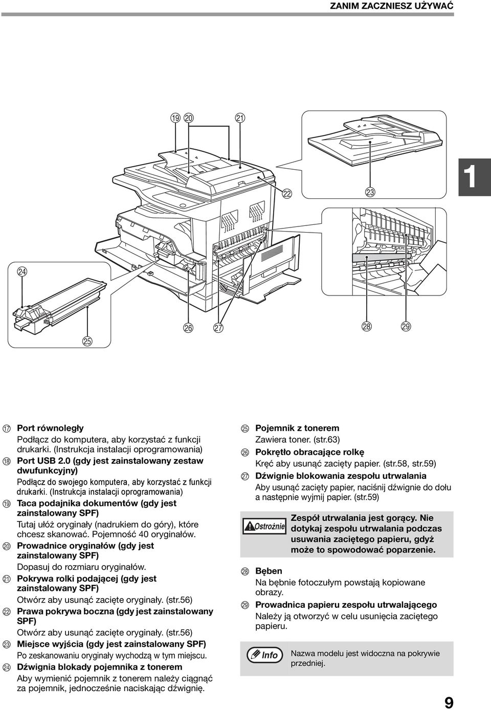 (Instrukcja instalacji oprogramowania) Taca podajnika dokumentów (gdy jest zainstalowany SPF) Tutaj ułóż oryginały (nadrukiem do góry), które chcesz skanować. Pojemność 40 oryginałów.