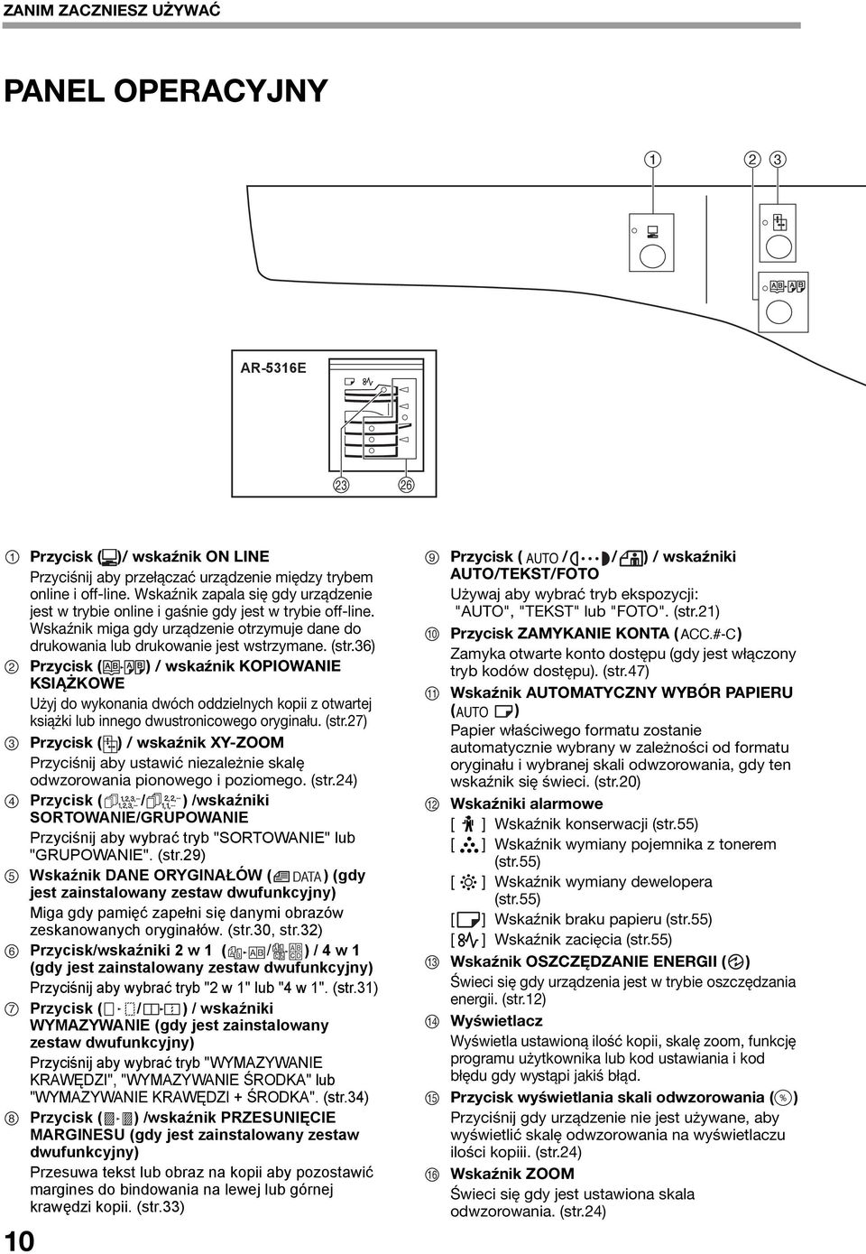 6) Przycisk ( ) / wskaźnik KOPIOWANIE KSIĄŻKOWE Użyj do wykonania dwóch oddzielnych kopii z otwartej książki lub innego dwustronicowego oryginału. (str.