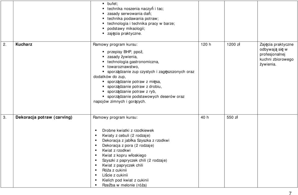 mięsa, sporządzanie potraw z drobiu, sporządzanie potraw z ryb, sporządzanie podstawowych deserów oraz napojów zimnych i gorących.