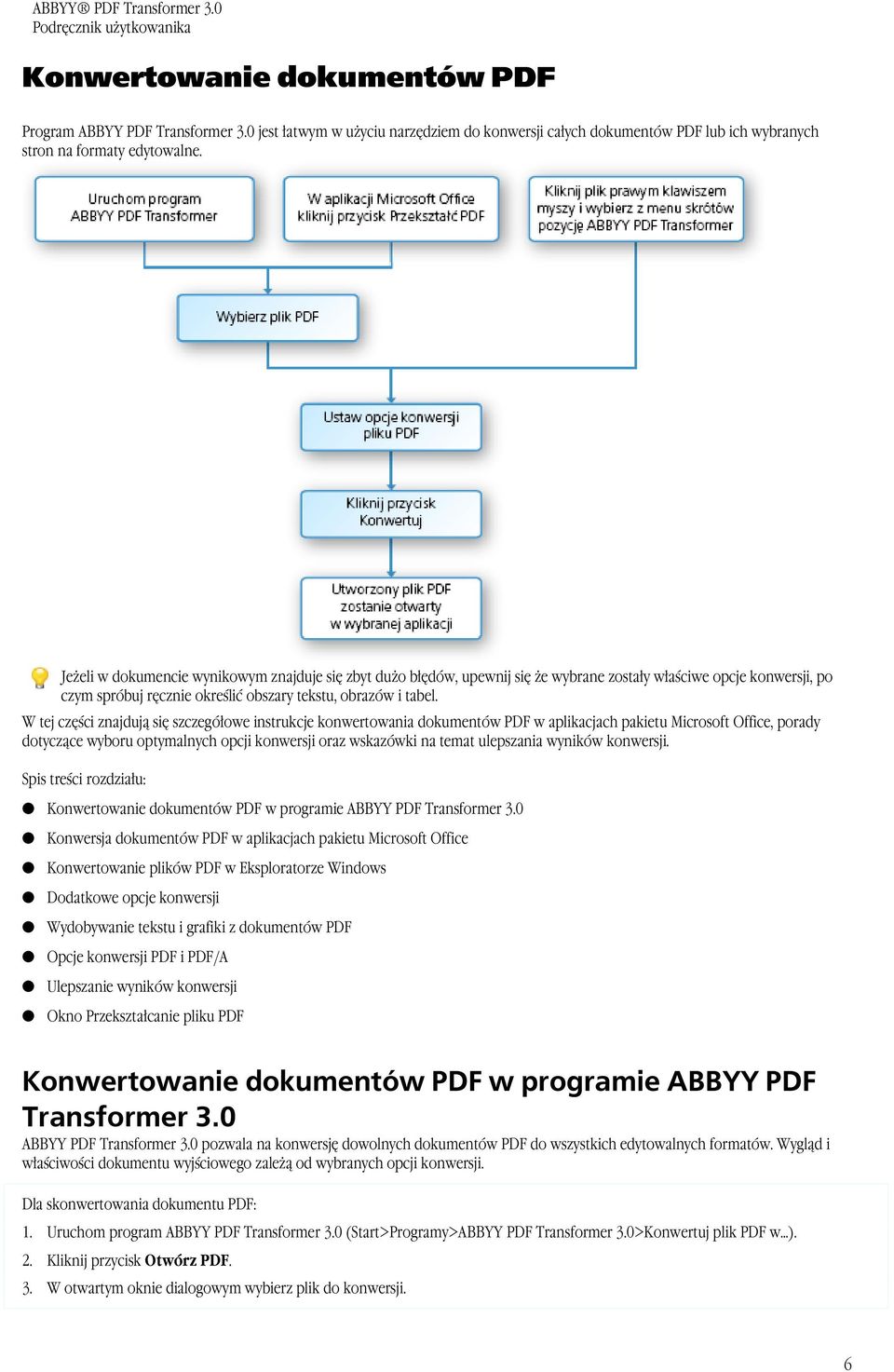 W tej części znajdują się szczegółowe instrukcje konwertowania dokumentów PDF w aplikacjach pakietu Microsoft Office, porady dotyczące wyboru optymalnych opcji konwersji oraz wskazówki na temat